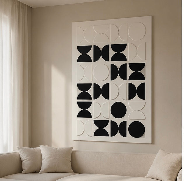 Monochrome Eclipse Grid – Black & Ivory Handcrafted Geometric Wall Art on Stretched Wooden Canvas | Wallorah