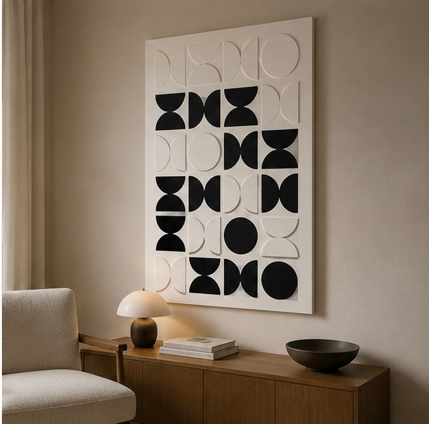 Monochrome Eclipse Grid – Black & Ivory Handcrafted Geometric Wall Art on Stretched Wooden Canvas | Wallorah