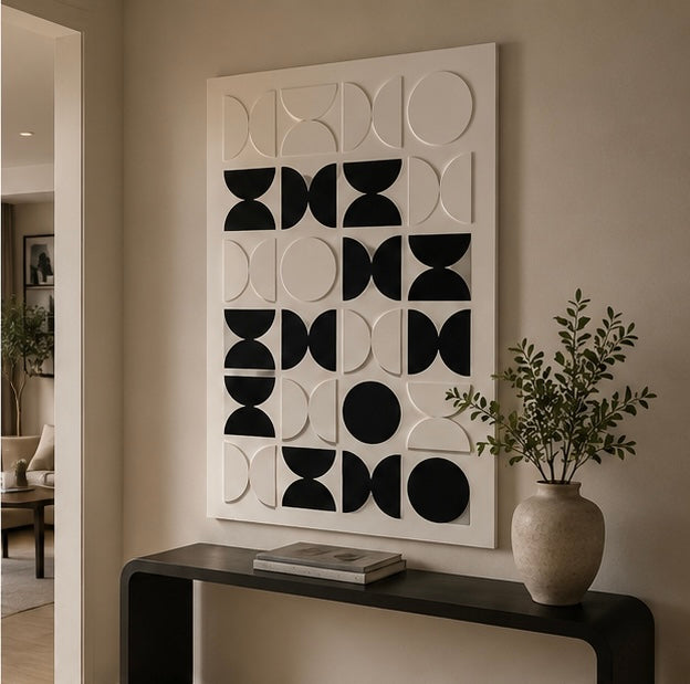 Monochrome Eclipse Grid – Black & Ivory Handcrafted Geometric Wall Art on Stretched Wooden Canvas | Wallorah