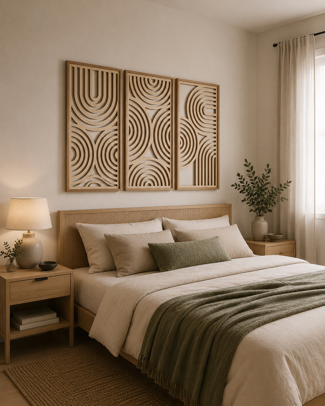 Nordic Arc Symphony – Handcrafted Wooden Geometric Triptych Wall Art on Stretched Wooden Canvas | Wallorah