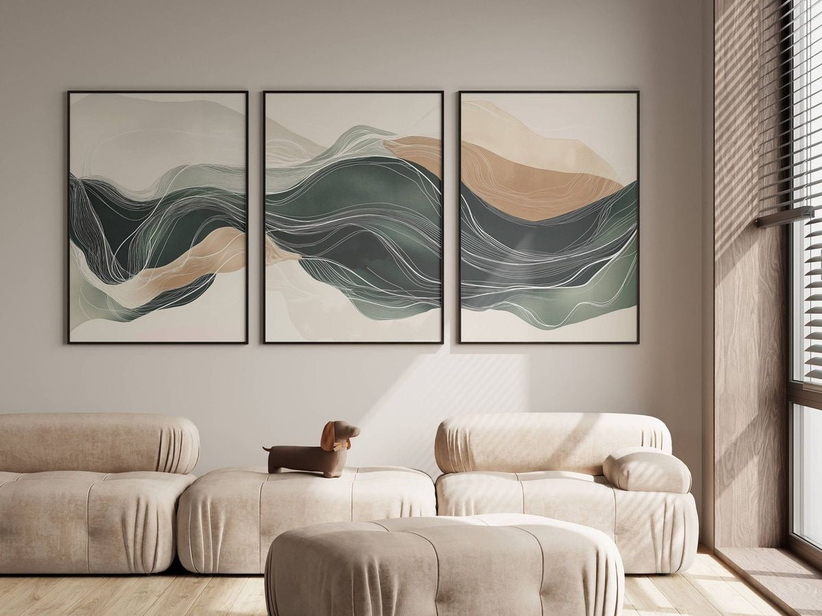 Emerald Flow | Set of 3 Abstract Landscape Canvas Wall Art | Premium UV Printed Ready-to-Hang