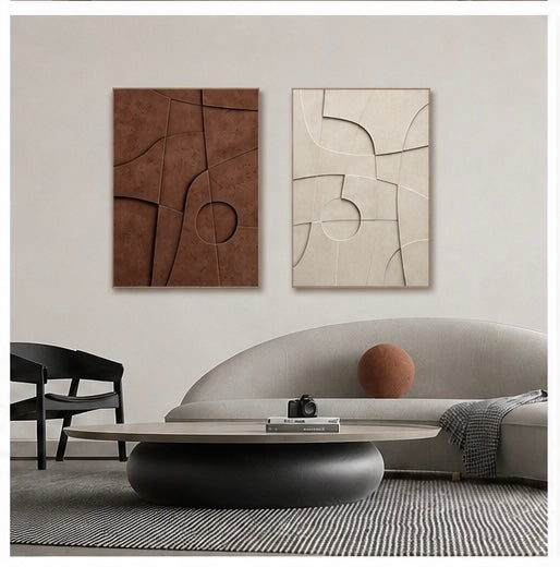 Earth & Ivory Harmony – Handcrafted Abstract Wall Art (Set of 2) | Stretched Wooden Canvas | Wallorah