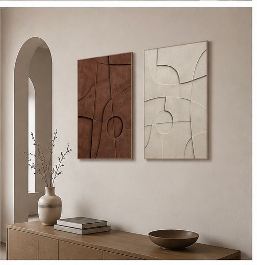 Earth & Ivory Harmony – Handcrafted Abstract Wall Art (Set of 2) | Stretched Wooden Canvas | Wallorah