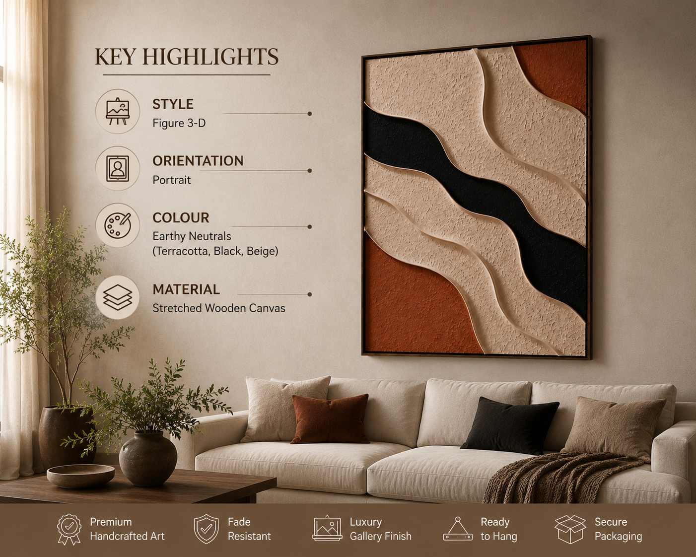 Earth Flow – Beige, Rust & Charcoal Abstract Handcrafted Wall Art on Stretched Wooden Canvas | Wallorah