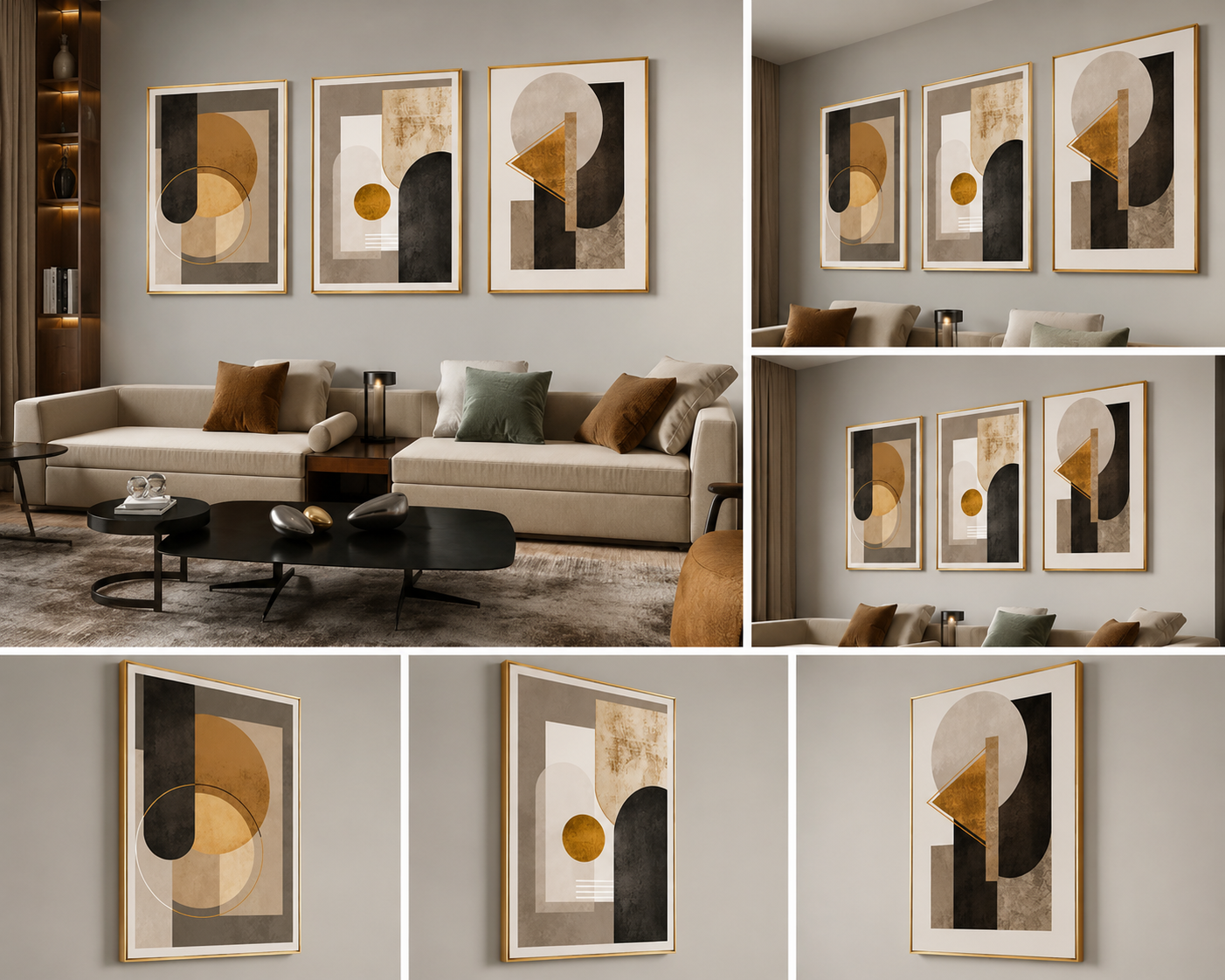 Luxe Geometry Gold | Set of 3 Abstract Canvas Wall Art | Premium UV Printed Ready-to-Hang
