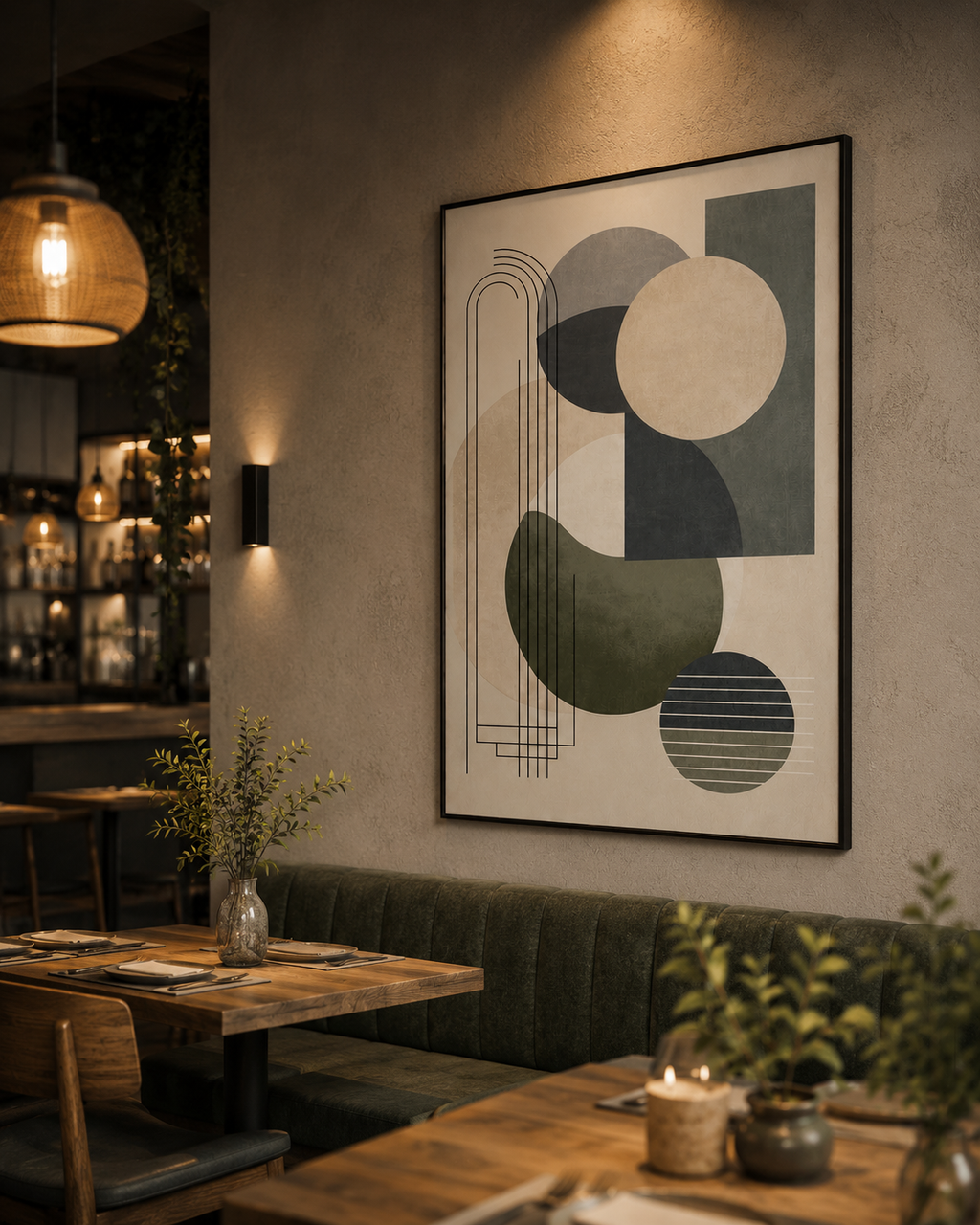 Modern Geometric Balance Abstract Wall Art | Neutral Green Framed Canvas – Wallorah