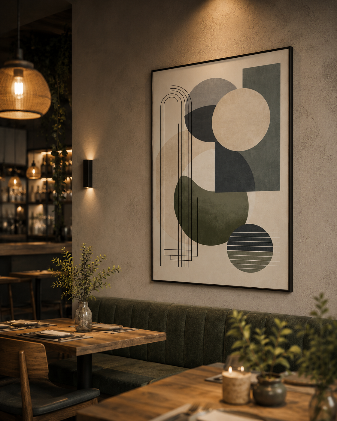 Modern Geometric Balance Abstract Wall Art | Neutral Green Framed Canvas – Wallorah