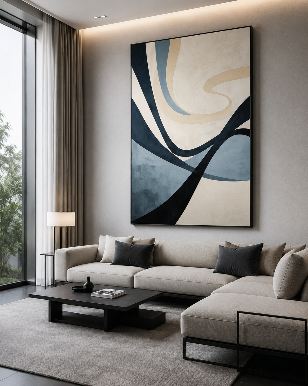 Celestial Flow Abstract Wall Art | Modern Blue & Beige Canvas – Wallorah
