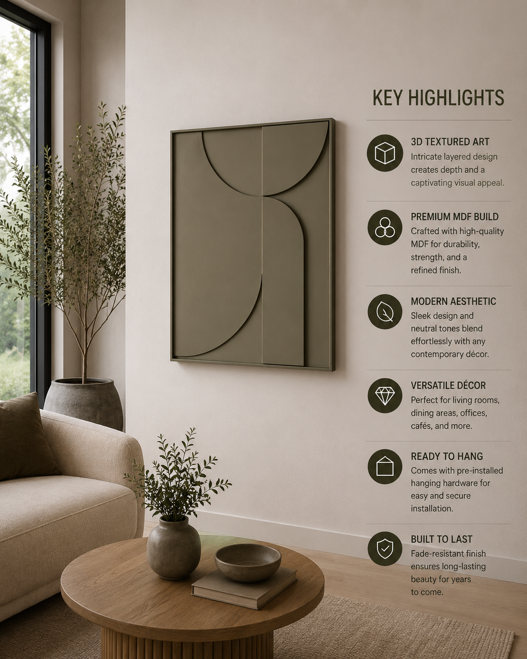 Olive Arc – Handcrafted Sage Green Geometric 3D Wall Art on Stretched Wooden Canvas | Wallorah