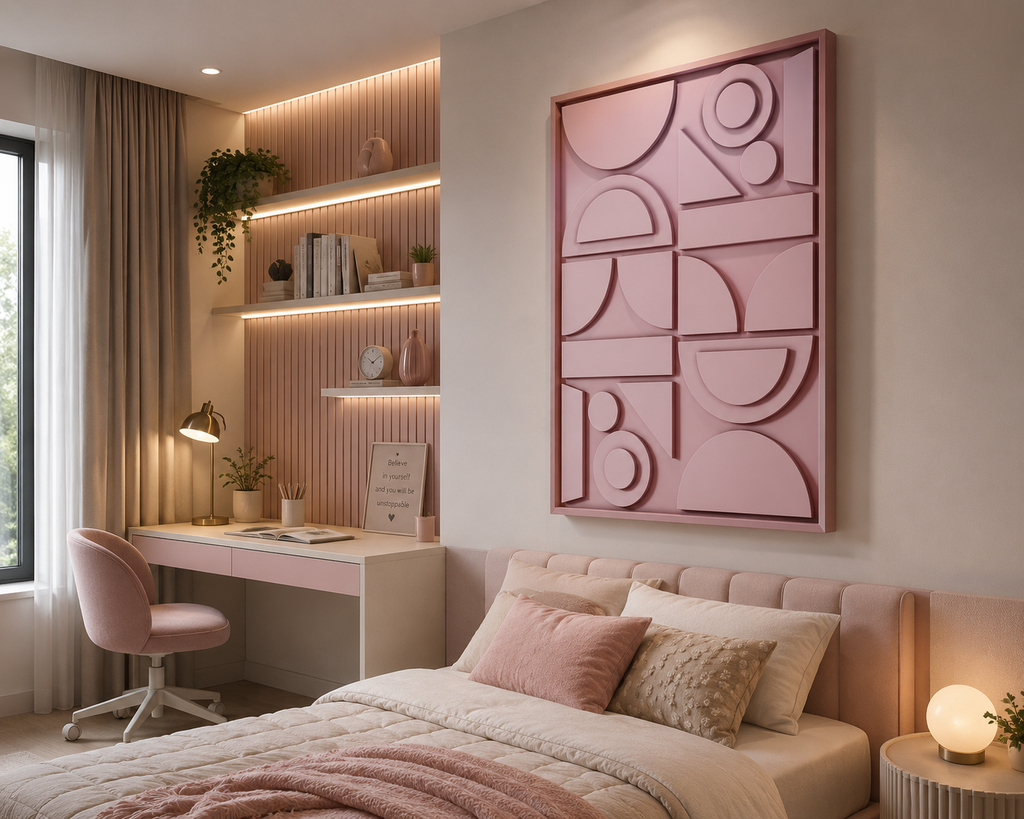 Blush Geometry – Blush Pink Handcrafted Geometric Wall Art on Stretched Wooden Canvas | Wallorah