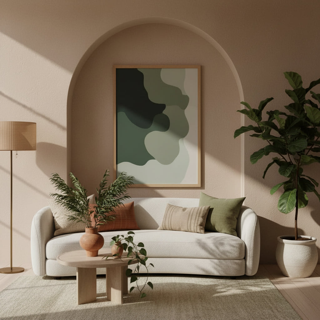 Verdant Flow – Minimalist Abstract Green Wall Art | Modern Botanical Canvas Print | Scandinavian Living Room Decor | Neutral Contemporary Framed Artwork