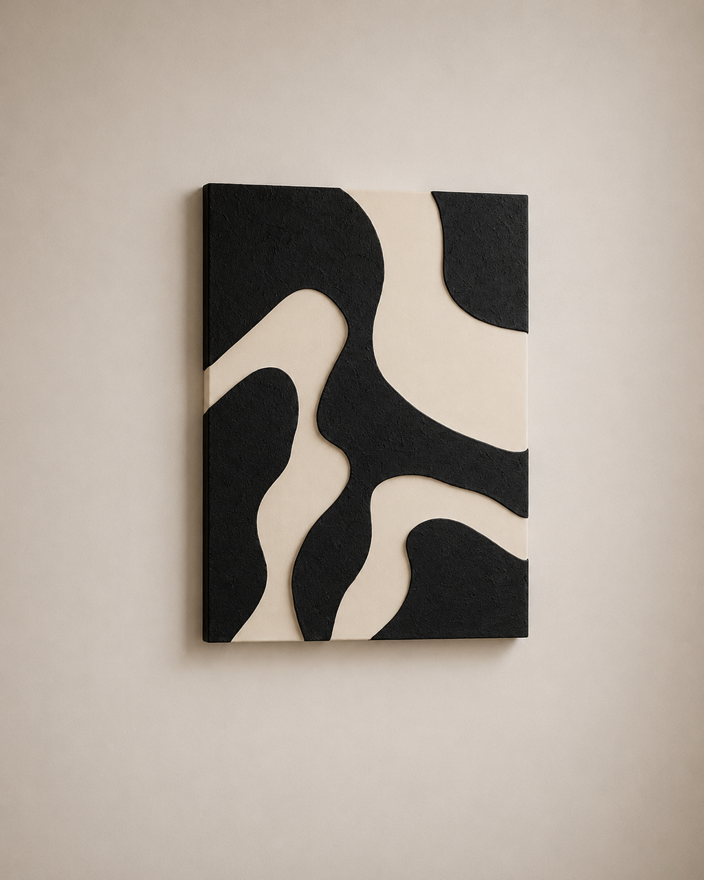 Monochrome Flow – Black & Ivory Organic Handcrafted Wall Art on Stretched Wooden Canvas | Wallorah