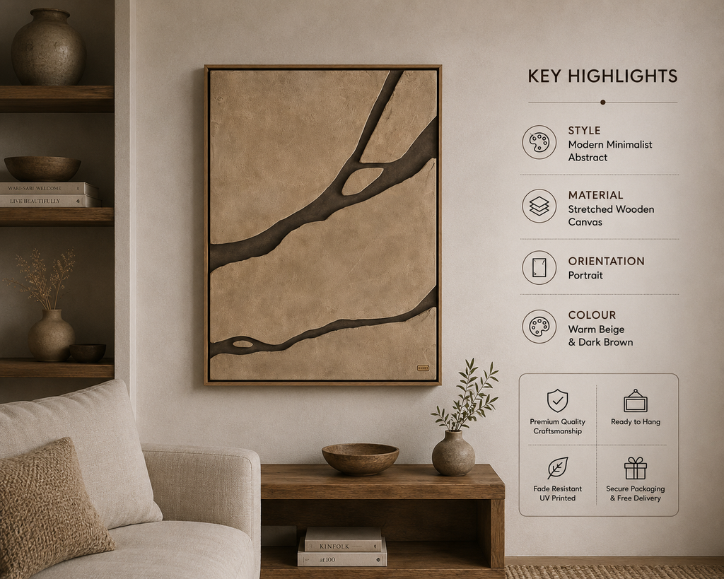 Earth Veins – Sand Beige & Mocha Brown Handcrafted Abstract Wall Art on Stretched Wooden Canvas | Wallorah