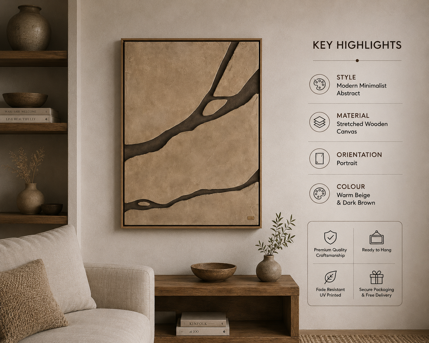 Earth Veins – Sand Beige & Mocha Brown Handcrafted Abstract Wall Art on Stretched Wooden Canvas | Wallorah