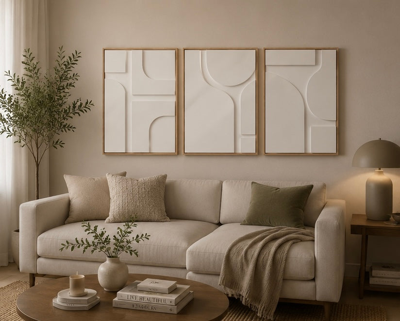 Ivory White Geometric Trio – Handcrafted 3-Piece Abstract Wall Art on Stretched Wooden Canvas | Wallorah