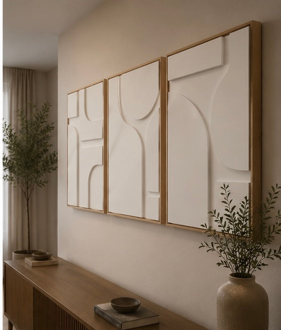 Ivory White Geometric Trio – Handcrafted 3-Piece Abstract Wall Art on Stretched Wooden Canvas | Wallorah