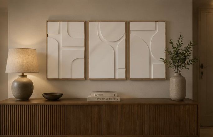 Ivory White Geometric Trio – Handcrafted 3-Piece Abstract Wall Art on Stretched Wooden Canvas | Wallorah
