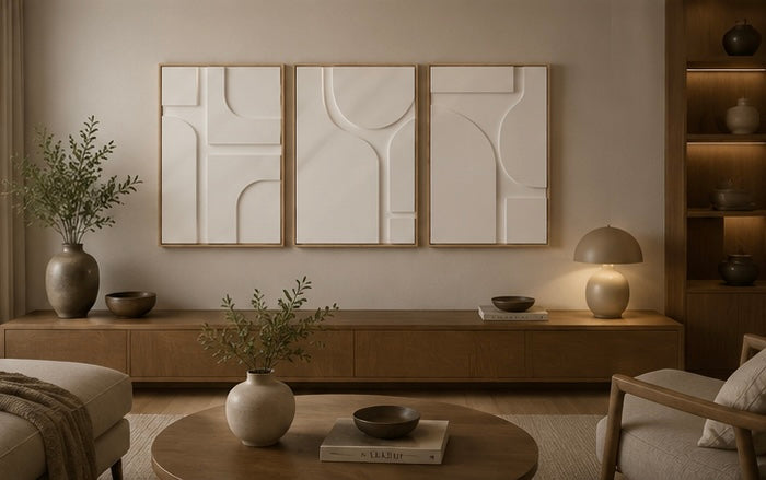 Ivory White Geometric Trio – Handcrafted 3-Piece Abstract Wall Art on Stretched Wooden Canvas | Wallorah