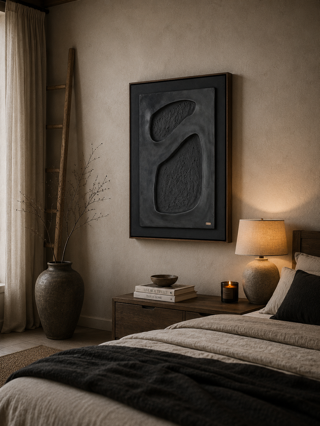 Midnight Stones – Matte Black Handcrafted Abstract Wall Art on Stretched Wooden Canvas | Wallorah