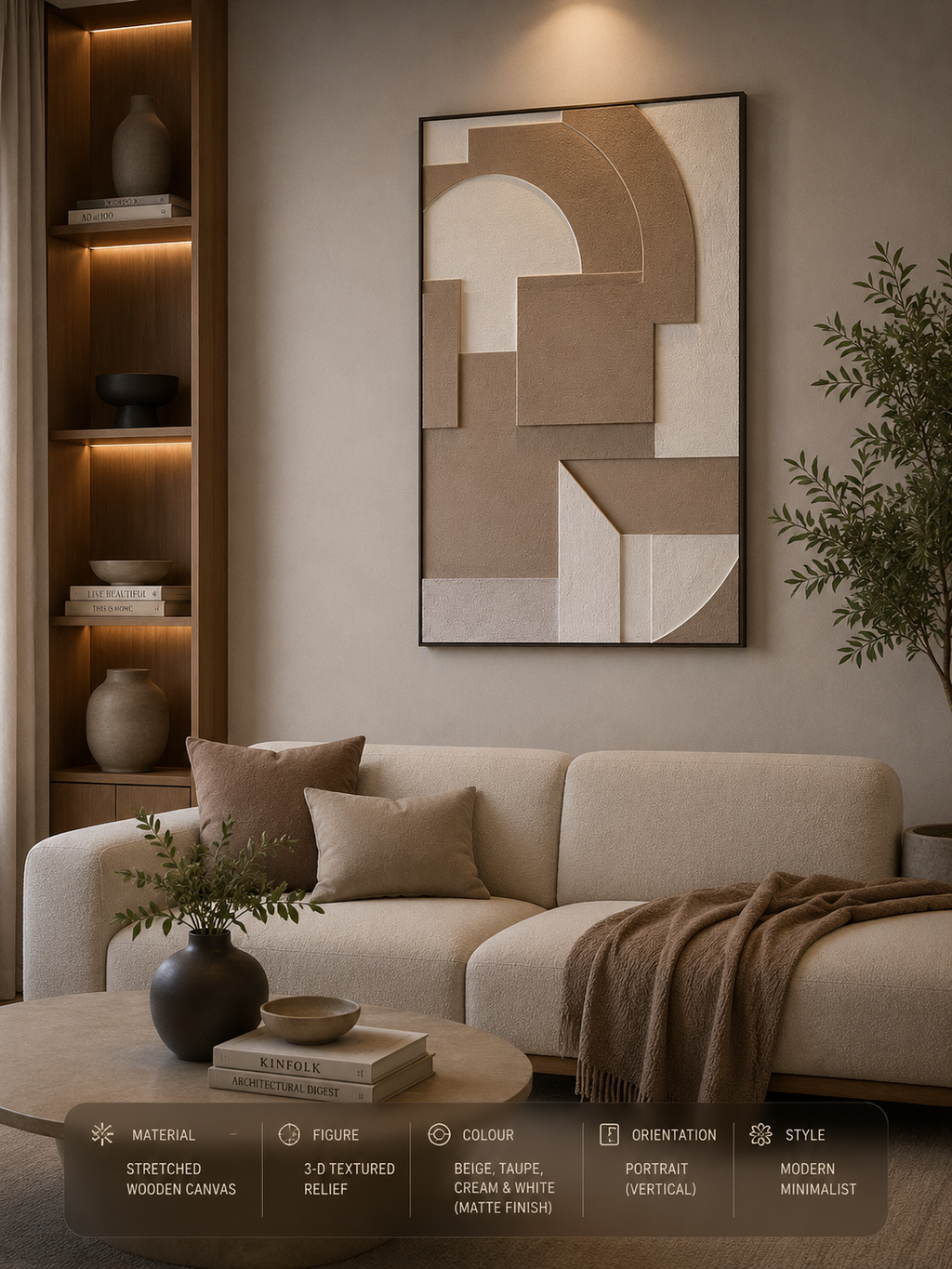 Modern Arch Geometry – Taupe & White Handcrafted Abstract Wall Art on Stretched Wooden Canvas | Wallorah
