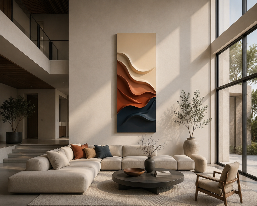 Terracotta Flow – Handcrafted Terracotta, Ivory & Slate Blue Abstract Wall Art on Stretched Wooden Canvas | Wallorah