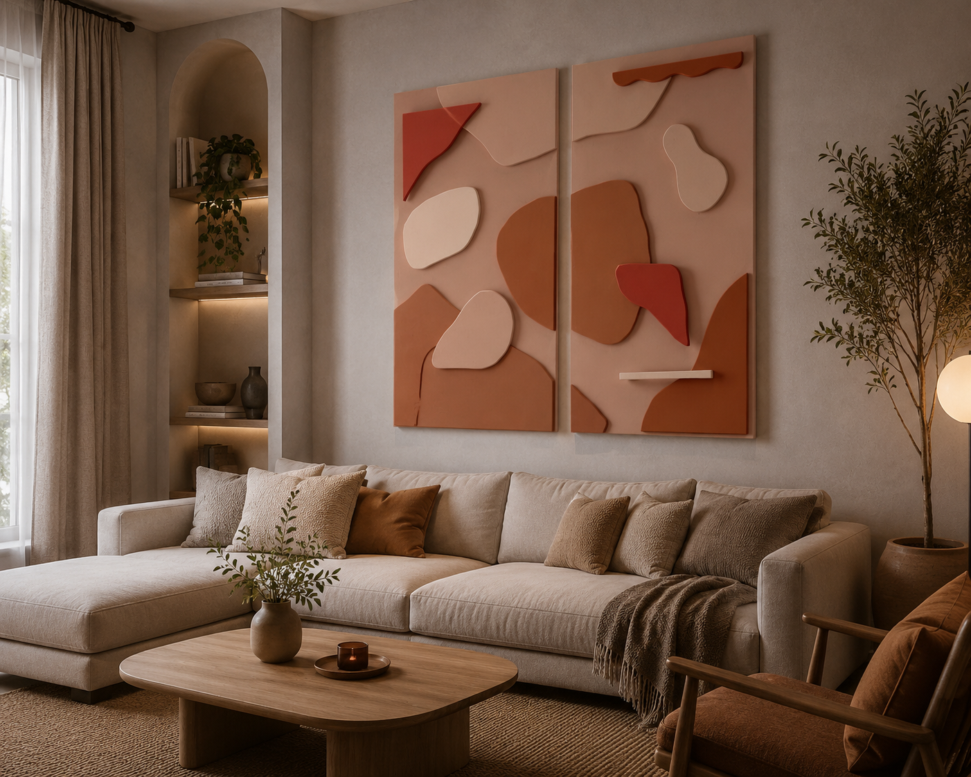 Terracotta Harmony Duo – Terracotta & Blush Pink Handcrafted Abstract Wall Art Set on Stretched Wooden Canvas | Wallorah