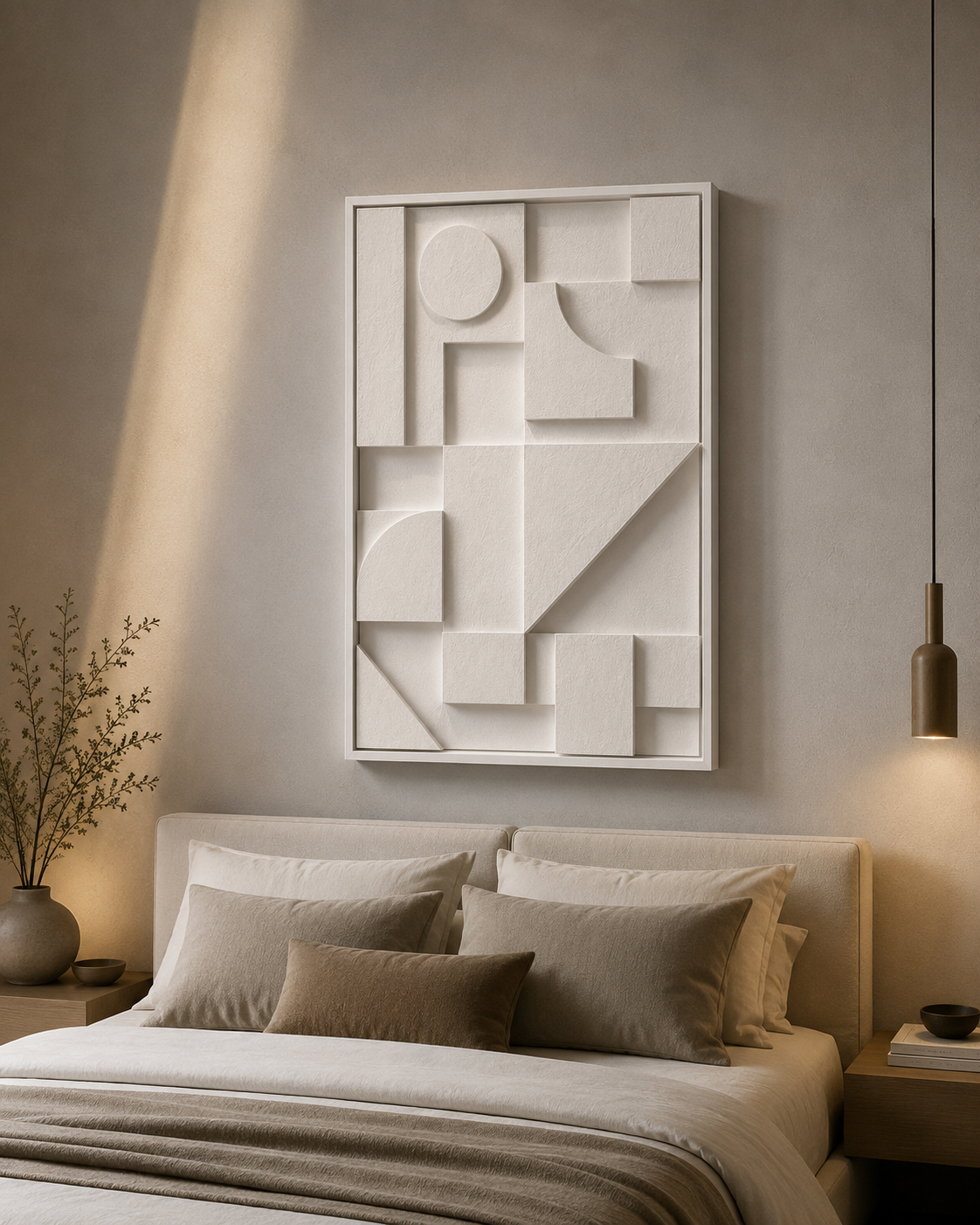 Ivory Geometric Relief Wall Art | Handcrafted 3D Wooden Wall Panel – Wallorah
