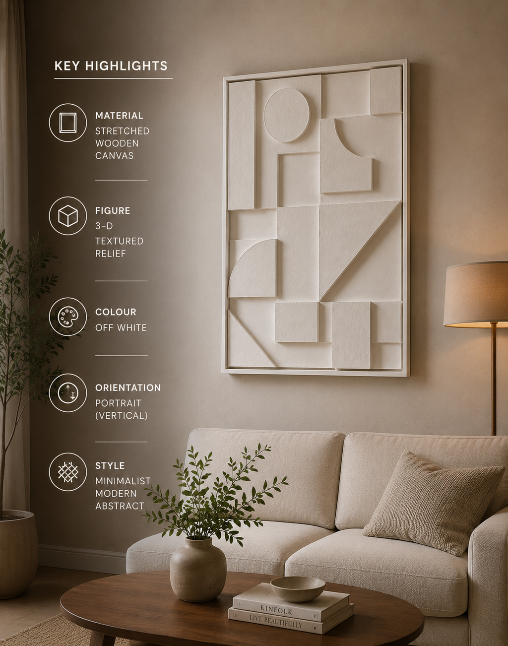 Ivory Structure – Ivory White Handcrafted Geometric Wall Art on Stretched Wooden Canvas | Wallorah