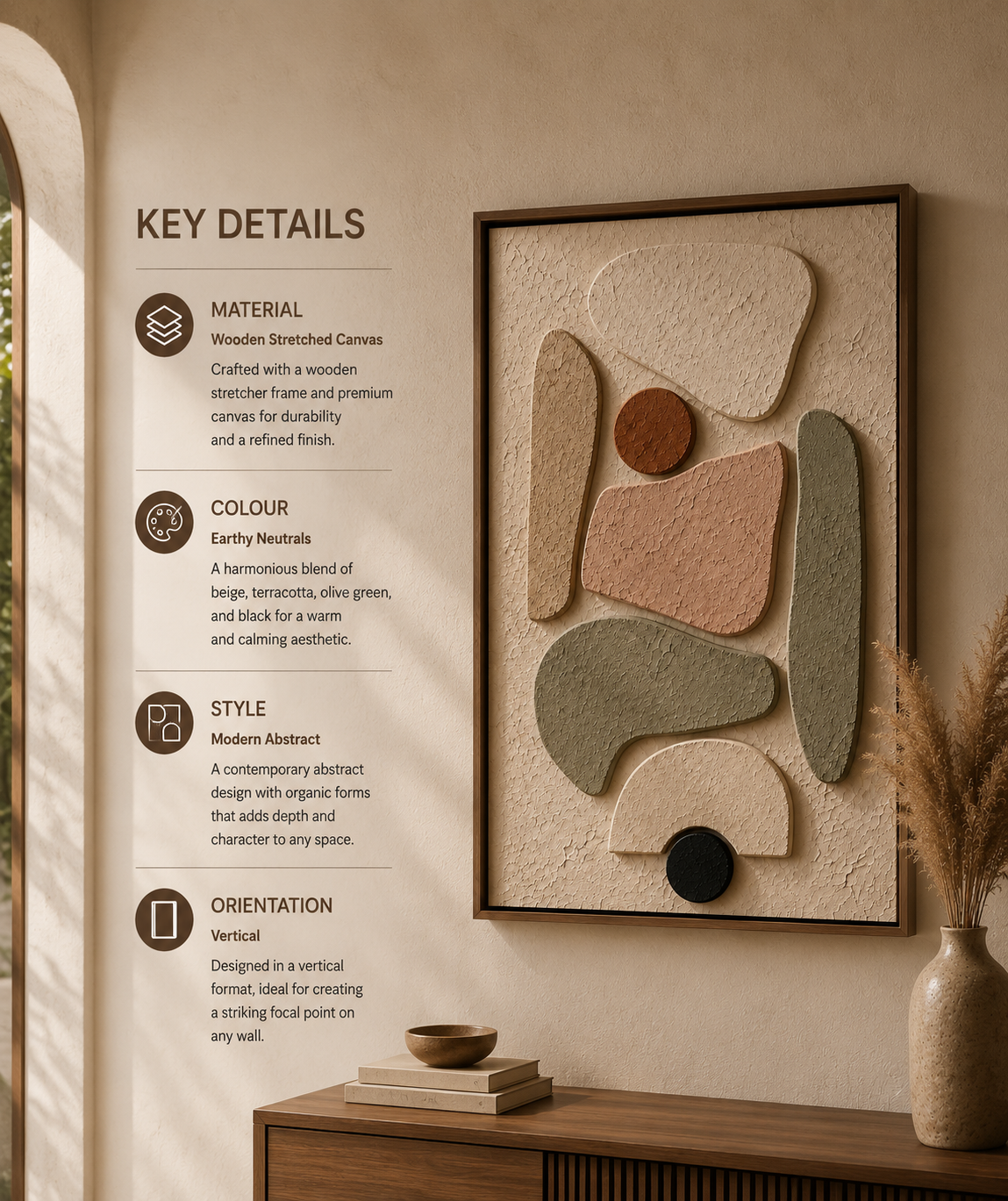 Earthtone Balance – Beige, Sage & Terracotta Handcrafted Textured Wall Art on Stretched Wooden Canvas | Wallorah