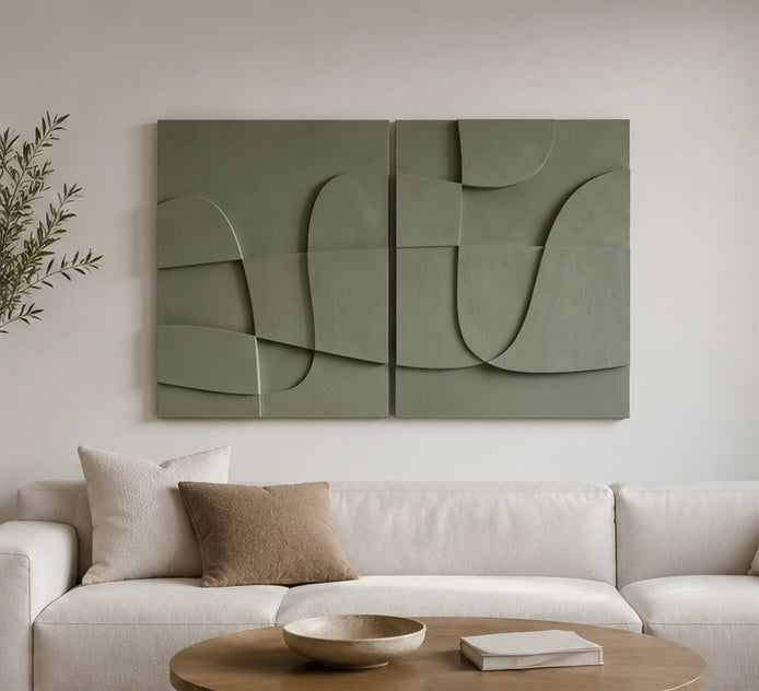 Sage Green Flow Diptych – Handcrafted Abstract Wall Art on Stretched Wooden Canvas | Wallorah