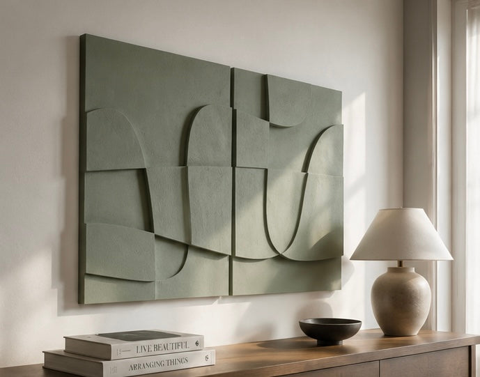 Sage Green Flow Diptych – Handcrafted Abstract Wall Art on Stretched Wooden Canvas | Wallorah