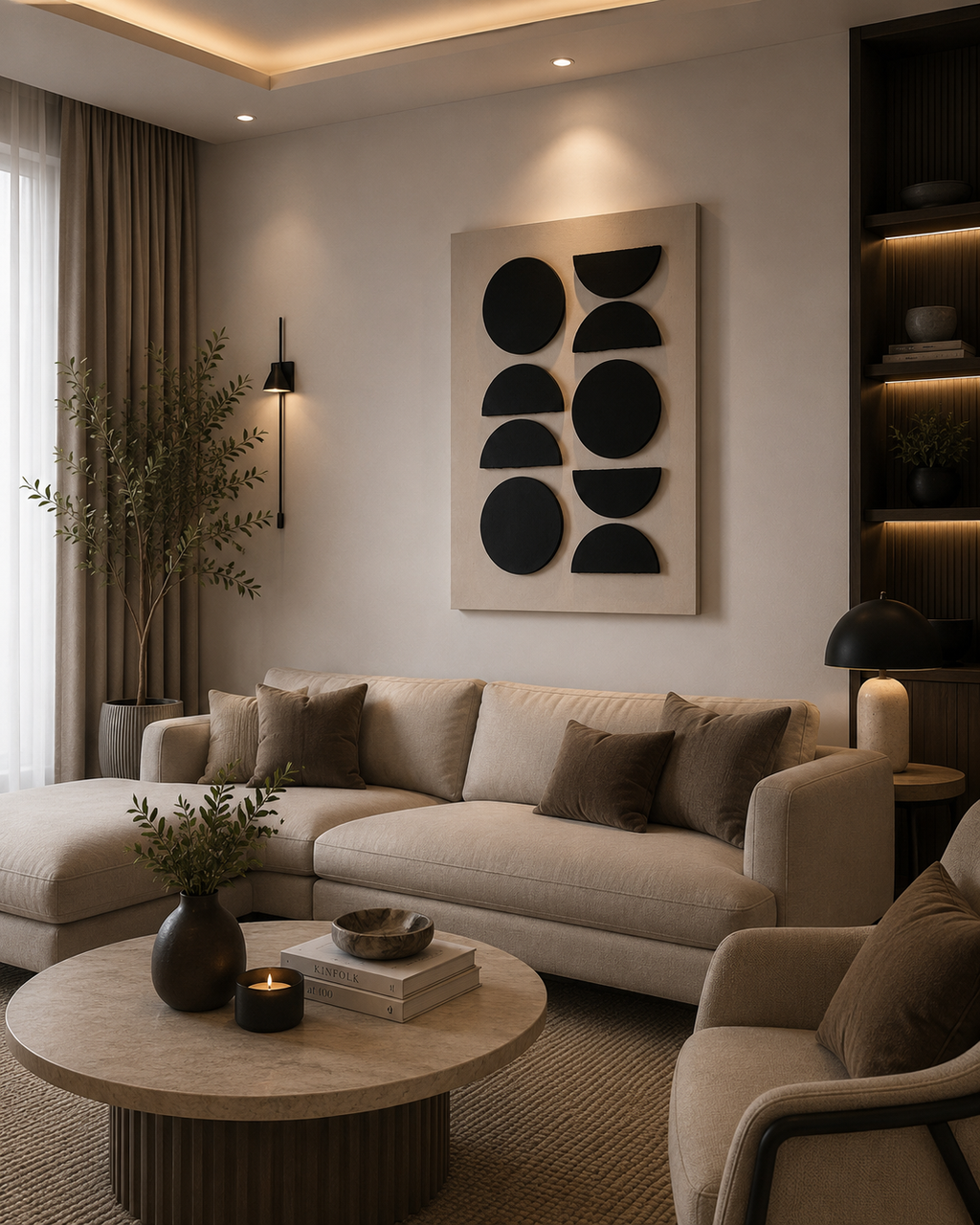 Monochrome Orbit – Black & Beige Handcrafted Geometric Wall Art on Stretched Wooden Canvas | Wallorah
