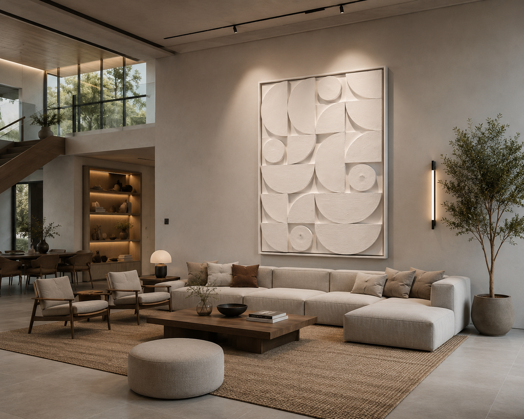 Ivory Geometric Mosaic – Ivory White Handcrafted Abstract Wall Art on Stretched Wooden Canvas | Wallorah