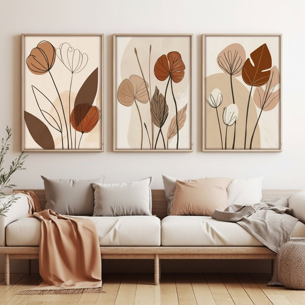 Nordic Botanical Harmony | Set of 3 Minimalist Floral Canvas Wall Art | UV Printed Ready-to-Hang
