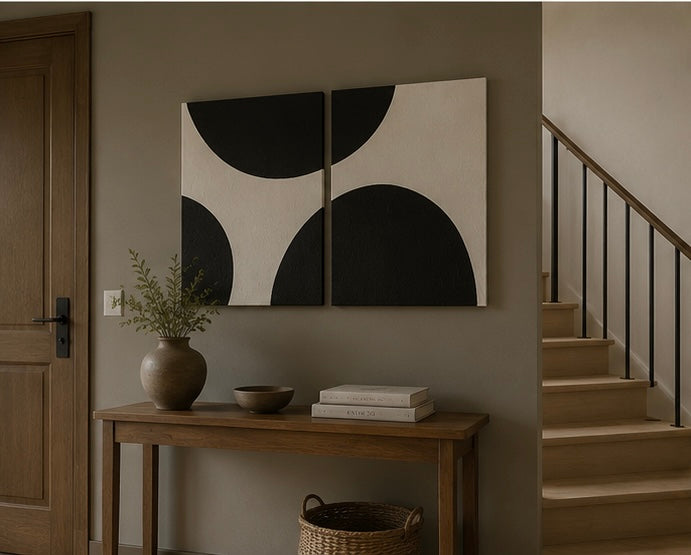 Eclipse Harmony – Black & Ivory Handcrafted Abstract Diptych Wall Art on Stretched Wooden Canvas | Wallorah
