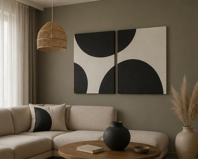Eclipse Harmony – Black & Ivory Handcrafted Abstract Diptych Wall Art on Stretched Wooden Canvas | Wallorah