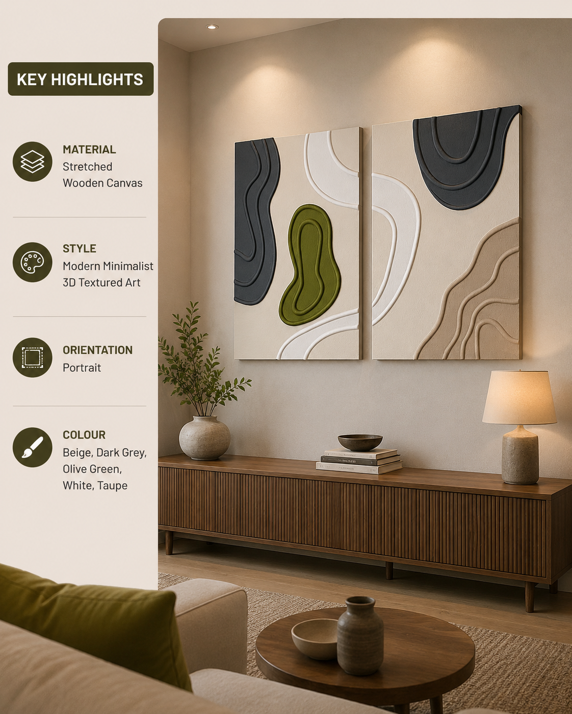 Organic Harmony – Handcrafted Sage Green, Charcoal Grey & Ivory Abstract Wall Art Set of 2 on Stretched Wooden Canvas | Wallorah