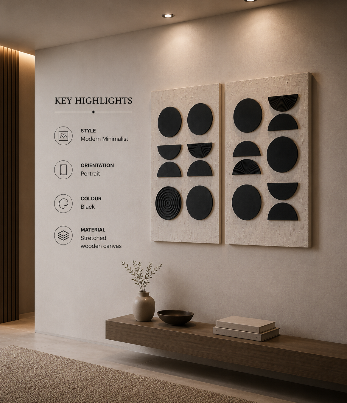 Harmony Circles Duo – Black & Ivory Geometric Handcrafted Wall Art Set on Stretched Wooden Canvas | Wallorah