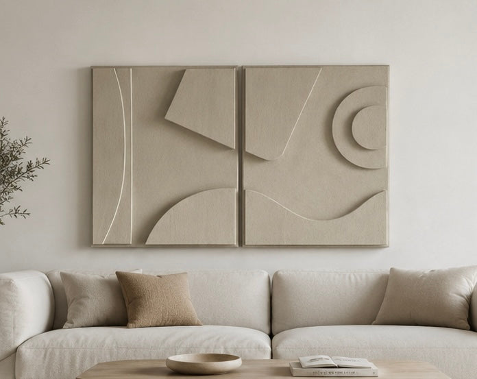 Sand Beige Harmony Diptych – Handcrafted Abstract Wall Art on Stretched Wooden Canvas | Wallorah