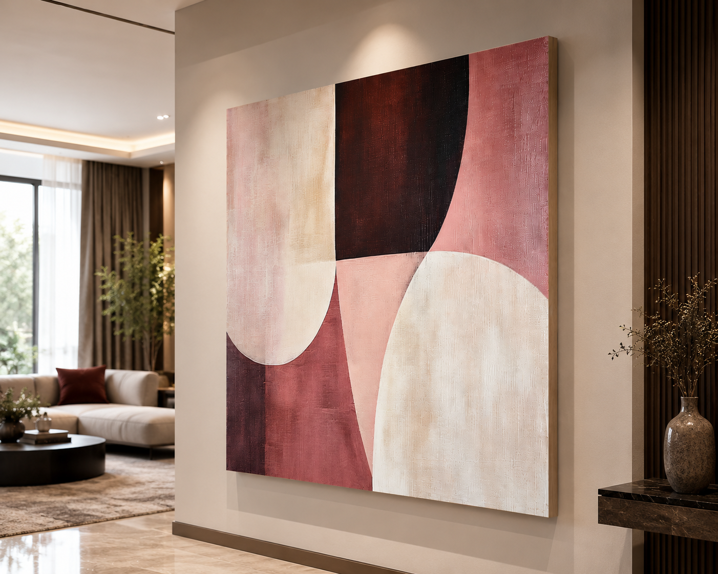 Blush Eclipse Abstract Wall Art | Modern Pink & Burgundy Canvas – Wallorah