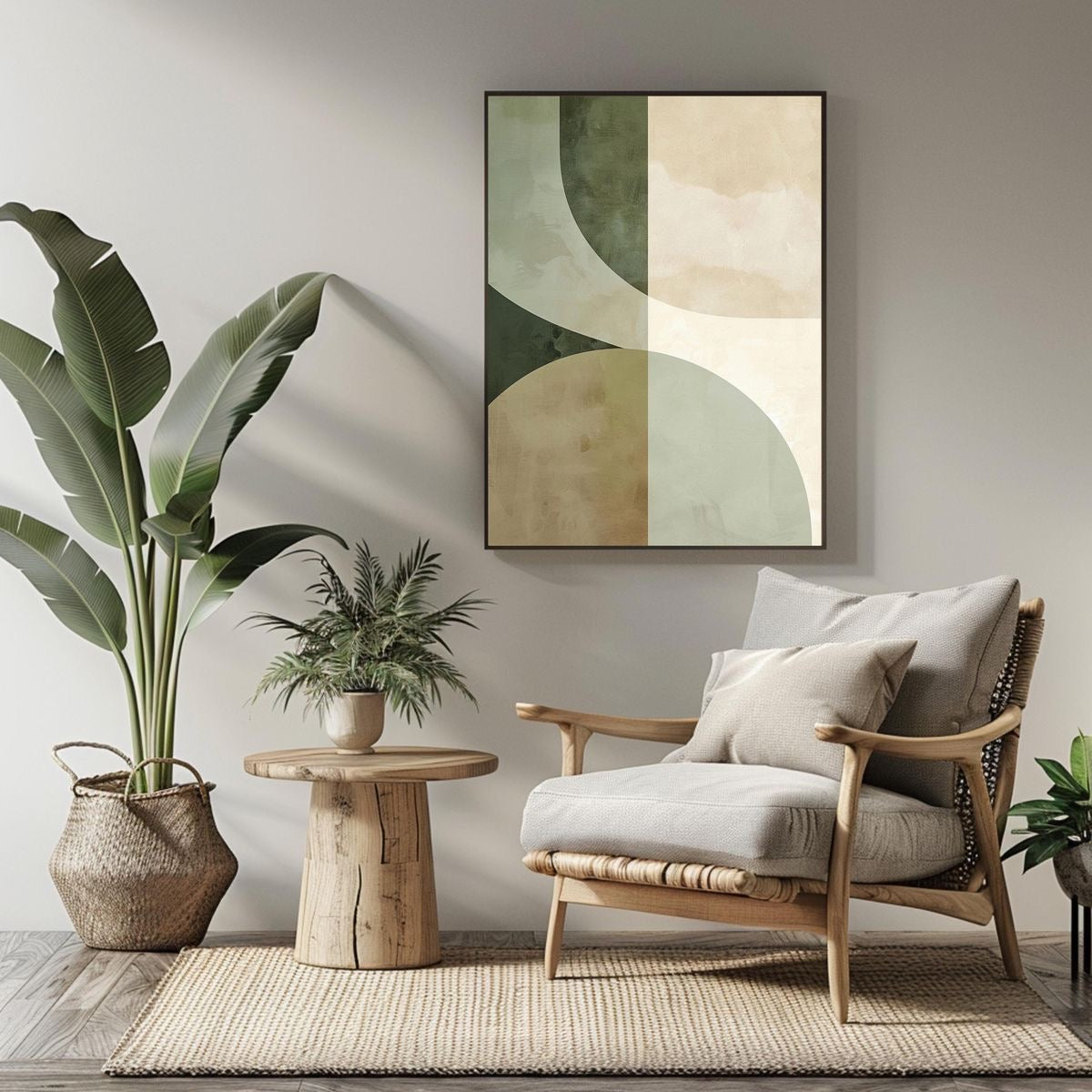Organic Harmony – Minimalist Abstract Geometric Wall Art | Sage Green & Beige Modern Canvas Print | Scandinavian Japandi Living Room Decor
