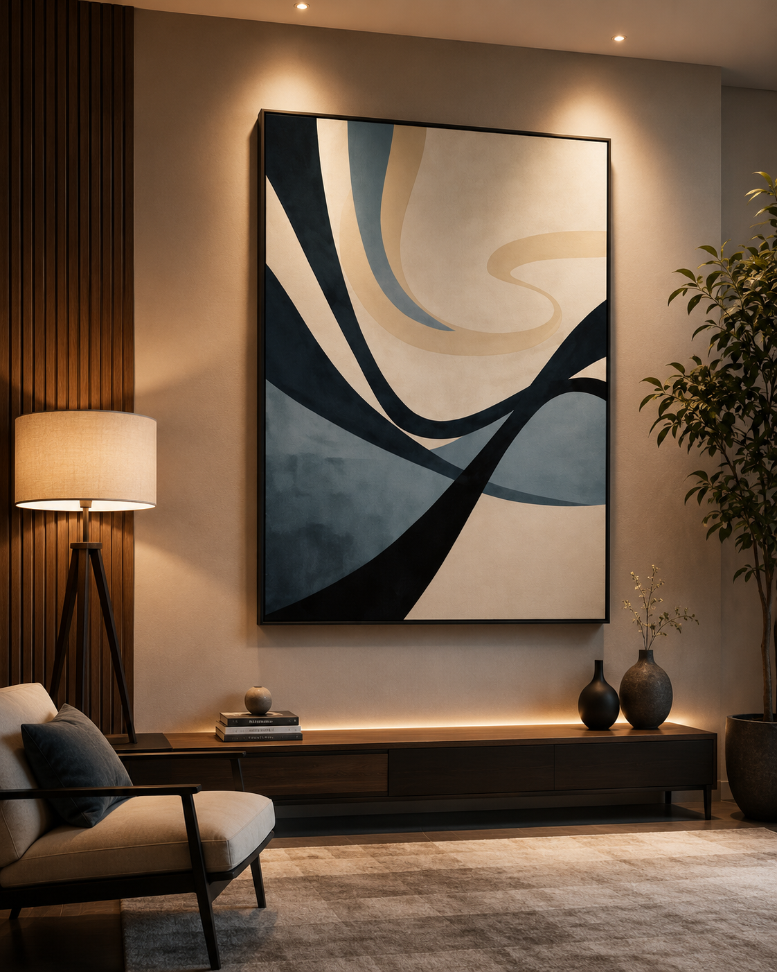 Celestial Flow Abstract Wall Art | Modern Blue & Beige Canvas – Wallorah