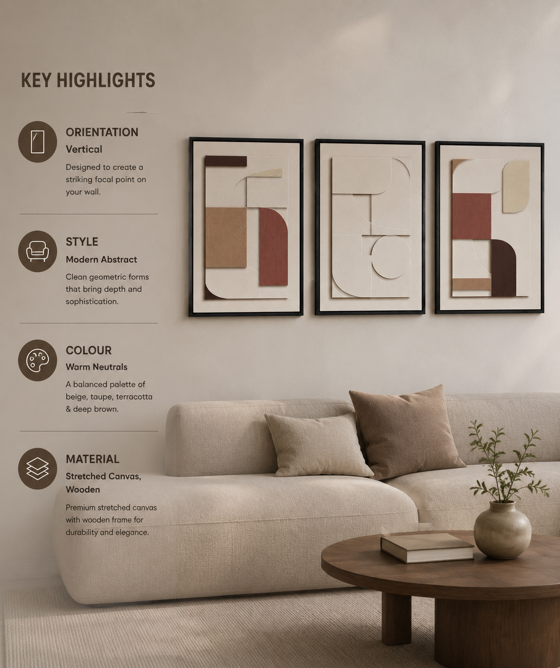 Earthline Elegance Trio – Ivory, Sand & Terracotta Handcrafted Textured Wall Art Set of 3 on Stretched Wooden Canvas | Wallorah