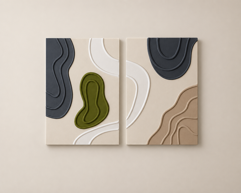Organic Harmony – Handcrafted Sage Green, Charcoal Grey & Ivory Abstract Wall Art Set of 2 on Stretched Wooden Canvas | Wallorah