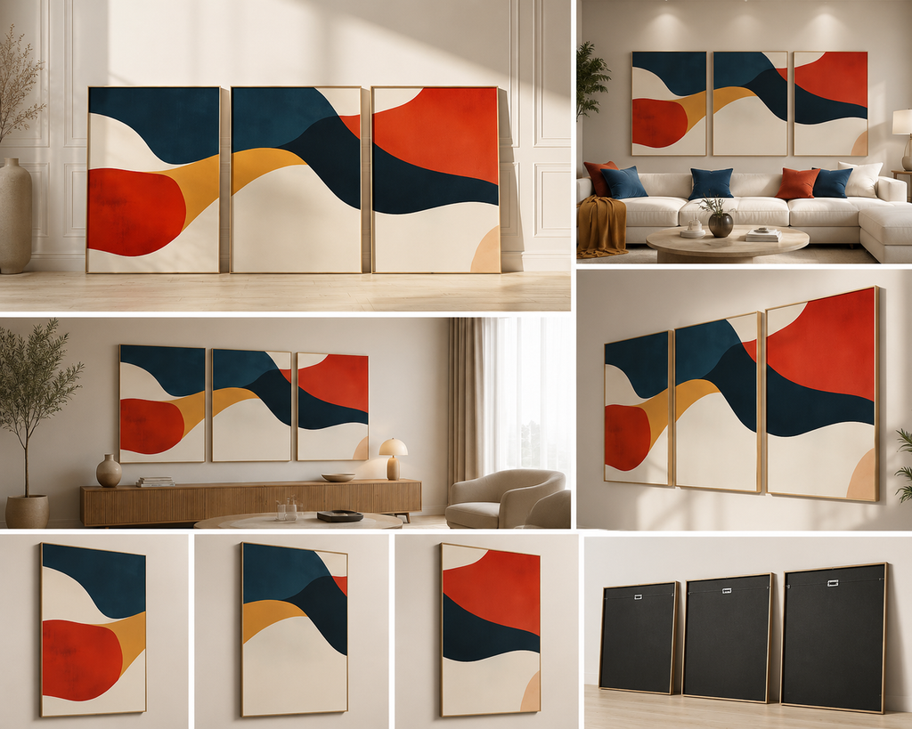 Nordic Contrast – Modern Abstract Wall Art Set of 3 | Premium Framed Canvas | Navy Blue, Terracotta & Mustard Minimalist Wall Decor