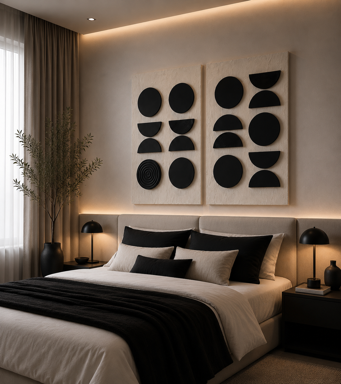 Harmony Circles Duo – Black & Ivory Geometric Handcrafted Wall Art Set on Stretched Wooden Canvas | Wallorah