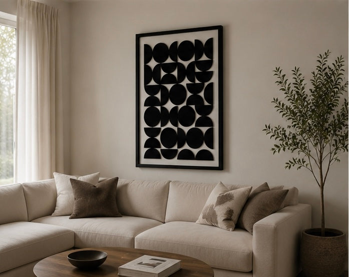 Monochrome Eclipse Pattern – Black & Ivory Handcrafted Geometric Wall Art on Stretched Wooden Canvas | Wallorah