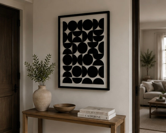 Monochrome Eclipse Pattern – Black & Ivory Handcrafted Geometric Wall Art on Stretched Wooden Canvas | Wallorah