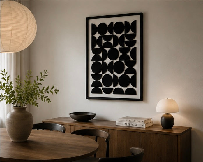 Monochrome Eclipse Pattern – Black & Ivory Handcrafted Geometric Wall Art on Stretched Wooden Canvas | Wallorah