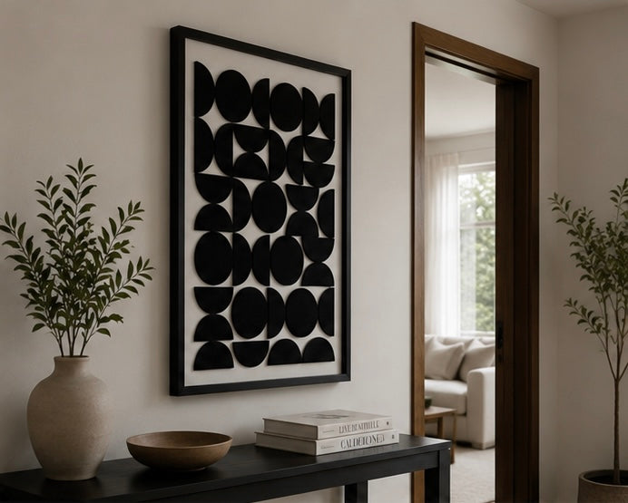 Monochrome Eclipse Pattern – Black & Ivory Handcrafted Geometric Wall Art on Stretched Wooden Canvas | Wallorah